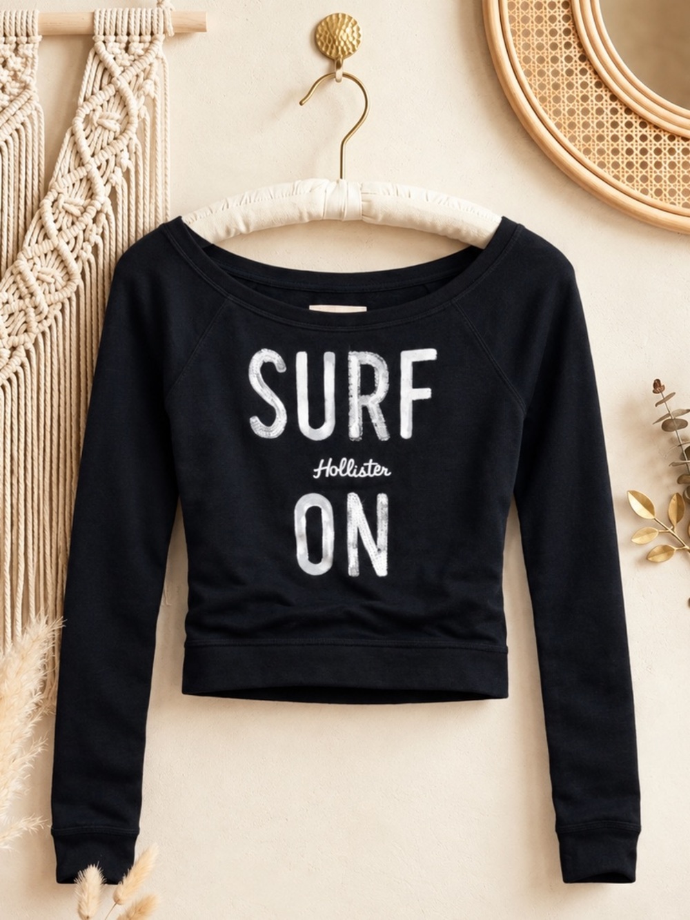 Hollister Black/Navy 'Surf On' Scoop Neck Pullover with White Sequin Lettering